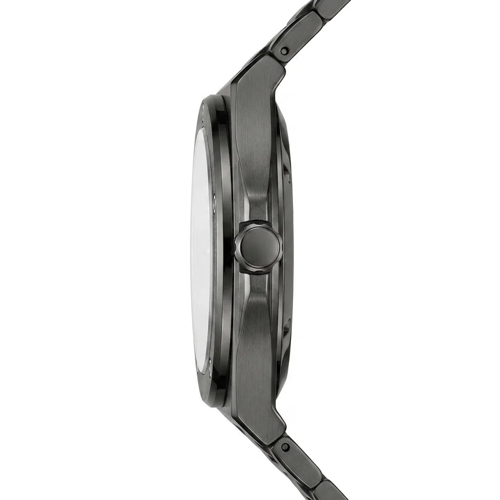 Side profile view of a black stainless steel wristwatch showing its slim case and bracelet design.