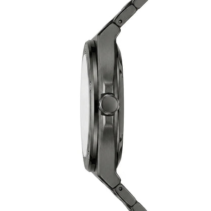 Side profile view of a black stainless steel wristwatch showing its slim case and bracelet design.