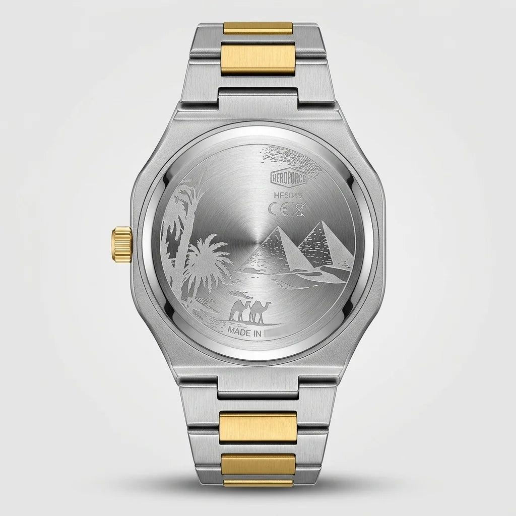 HeroForce 5042A Skeleton - rear view, engraved caseback, brushed metal