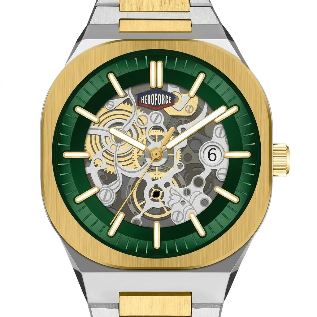 HeroForce 5042A Skeleton - skeleton dial, macro crop, sharp details, luxury studio