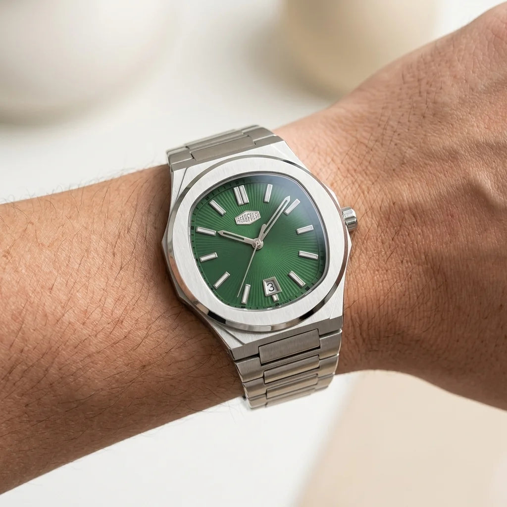 HeroForce 5046 Luxury Ana - worn wrist, soft light, modern luxury, hyperrealistic