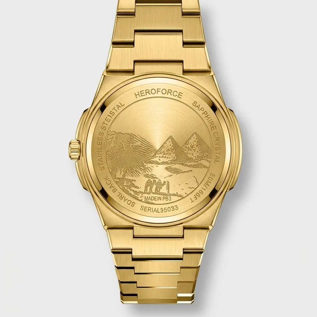Heroforce 5053A Luxury Me - Rear caseback, brushed metal, luxury watch, studio shot