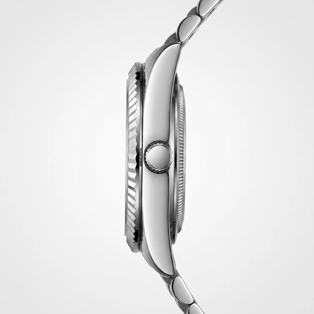Heroforce 5083 Luxury Ana - luxury watch side profile, macro metal details, sharp edge highlight, pure white background
