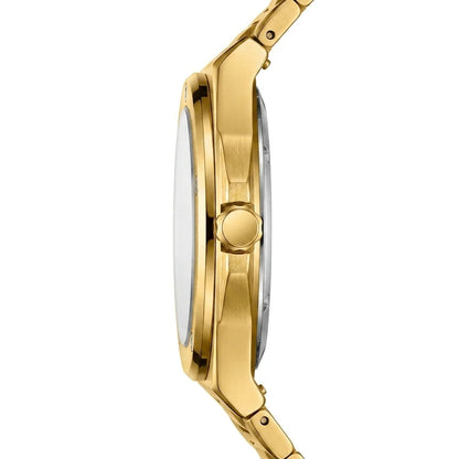 Precision luxury side view - Gold tone stainless steel wristwatch with a green wave patterned dial and date display.