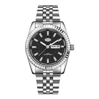 silver watch black dial