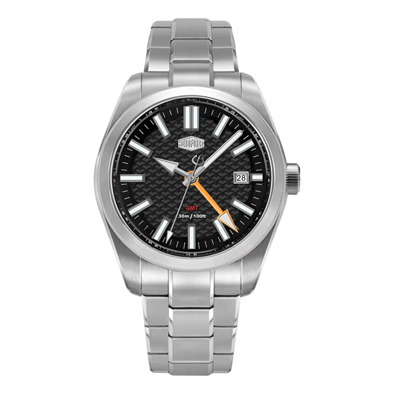silver watch black dial