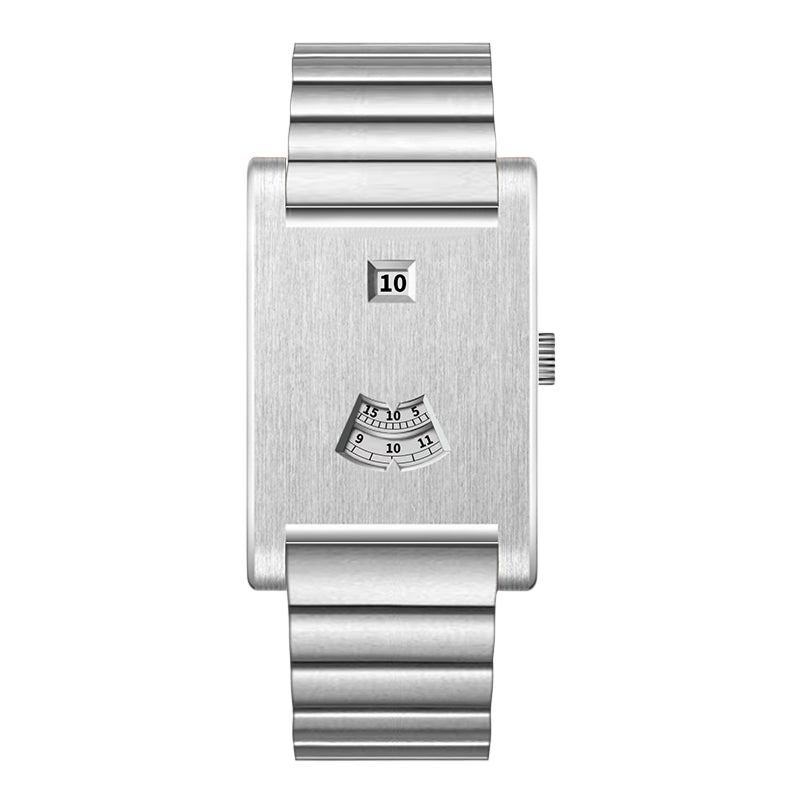 silver watch front, rectangular dial