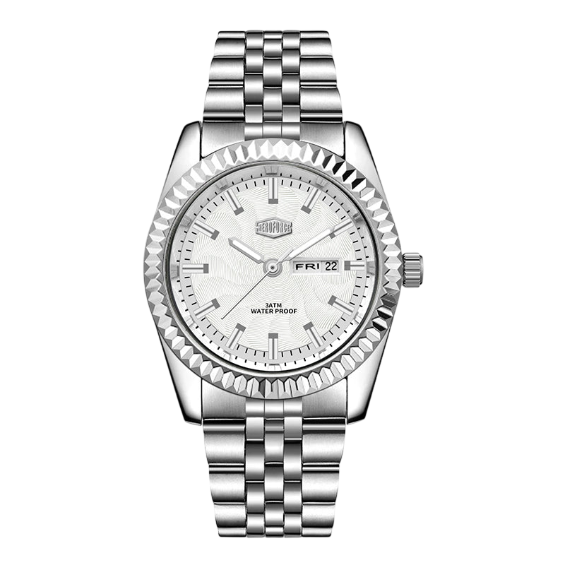 silver watch white dial
